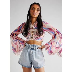 New Free People 'Eyes On You' Confetti Eyelet Mesh Cropped Bell Sleeve Top Small
